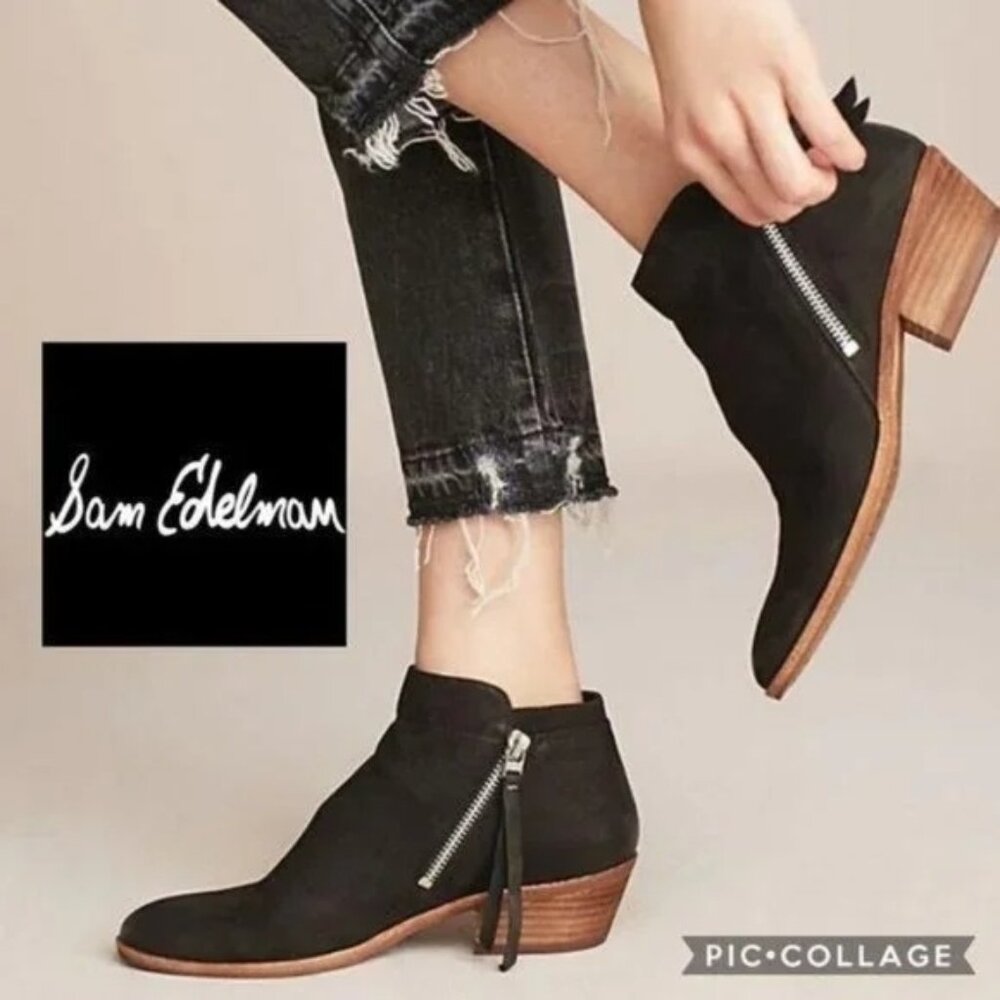 Sam Edelman 8.5 Black Leather‎ Booties Ankle Boots Stacked Heel PACKER